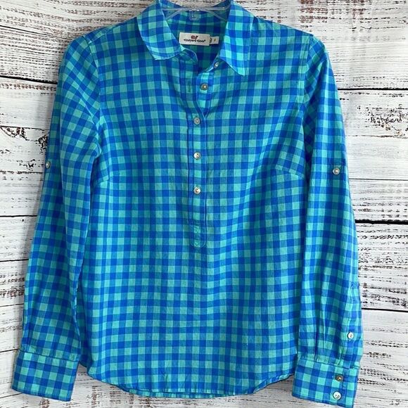 Vineyard vines Shirt Womens Size 2 pop over roll up sleeves gingham Cotton - Picture 2 of 9